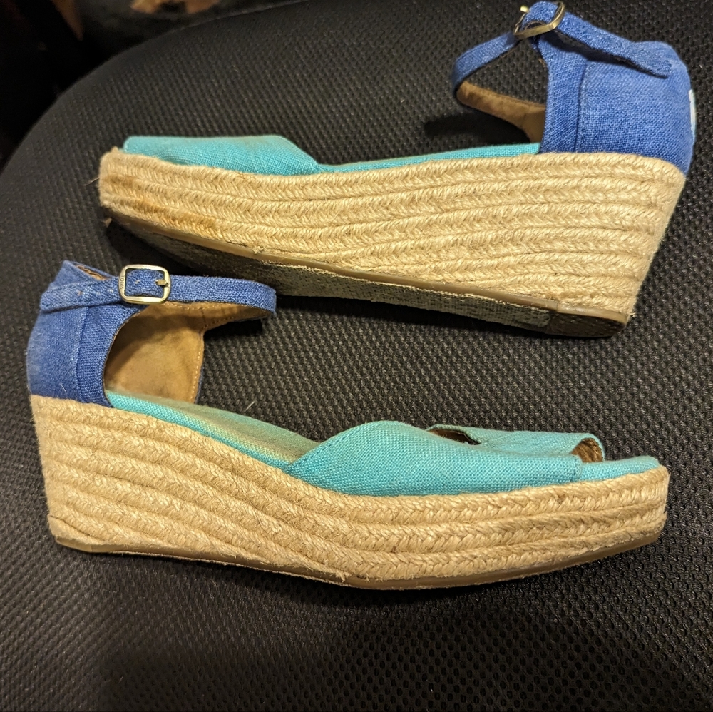 TOMS Womens Espadrille Sandals Blue Wedge Heels